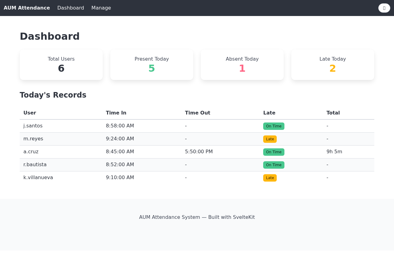 Screenshot of AUM Attendance System